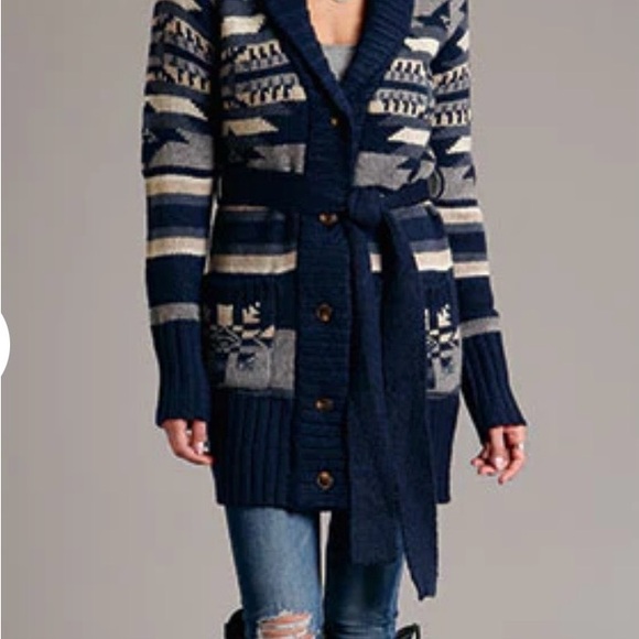 Stetson Indigo Aztec Belted Cardigan. Wool blend. Shawl collar. Tribal. Western - Picture 4 of 15